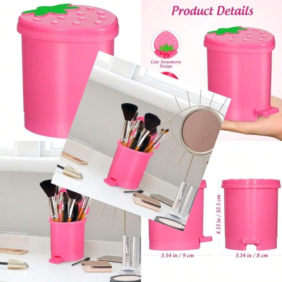 2pcs Small Desk Bin Mini Trash Can With Lid Cute Strawberry Tiny Plastic Trash Bin Countertop Wastebasket For Bedroom Office Kitchen Bathroom