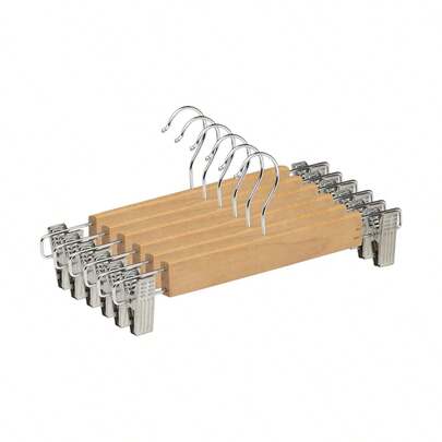 DISTRIBUX Pack de 6 Perchas de Madera para Pantalones Percha para Faldas Vaqueros con y Gancho Giratorio 360° y Pinzas Ajustables Anticorrosión Color Madera  ✅ Entrega de 1-3 días