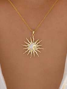 1 Piece/Fashionable Simple Acrylic Moon Inlaid Sun Pendant Necklace, Sun, Moon And Star Drop Oil Full Diamond Pendant Clavicle Chain, Suitable For Gifts - Vàng - Xem 1