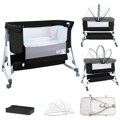 Beistellbett,Babybett,Babywiege,3 in 1 Babybett Babywiege für Neugeborene,Schaukelbettchen für Zuhause und Unterwegs mit Rädern verstellbare 6 Höhen (80x40x100-115cm)
