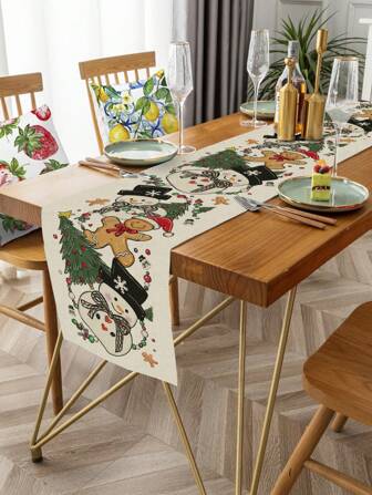 1pc Christmas Element Pattern Table Runner, Single-Sided Linen Printing, Suitable For Home Kitchen, Living Room Decor And Christmas Party Decoration
