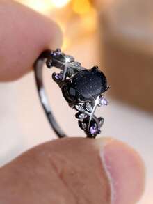 1pc Vintage Dark Color Inlaid Blue Sand Oval Cut Vine Design Ring, Suitable For Daily Wear And Special Occasions, Fashionable And Exquisite Design, Halloween Decor - màu đen - Xem 1