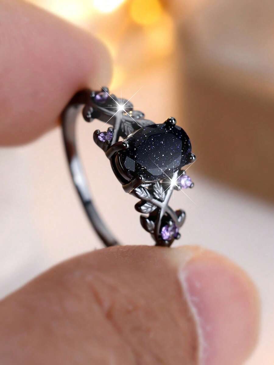 1pc Vintage Dark Color Inlaid Blue Sand Oval Cut Vine Design Ring, Suitable For Daily Wear And Special Occasions, Fashionable And Exquisite Design, Halloween Decor - màu đen - Xem 1