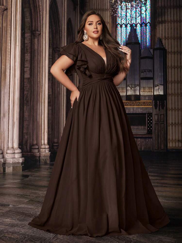 QOQ Vestido formal de unicolor y talla grande para mujer, vestido de dama de honor para eventos formales como bodas, fiestas de cumpleaños, con escote en V y mangas con volantes, primavera - Chocolate - Añade 4