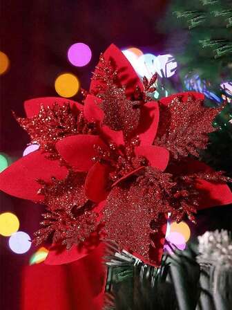 20pcs/10pcs/2pcs Multi-Color Artificial Poinsettia, Poinsettia Christmas Tree Decorations With Clips, Glitter Hollow Mesh Poinsettia, Christmas Decorations, Holiday Accessories, Christmas Tree, Wreath, Glitter Poinsettia Christmas Tree Ornaments, Holiday Decor DIY Poinsettia Wreath, Party Decorations