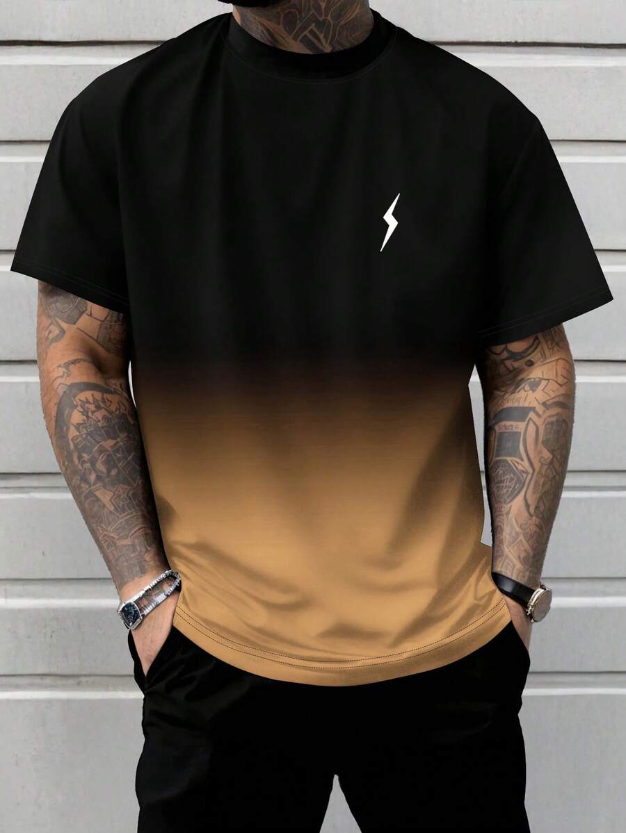 Camiseta de manga corta con estampado de relámpago degradado para hombres, moda para el verano - Naranja - Ver 1