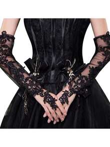 1 Pair Women's Floral Pattern Long Half-Finger Gloves, Autumn/Winter Knitted Fingerless Gloves - A - View 4