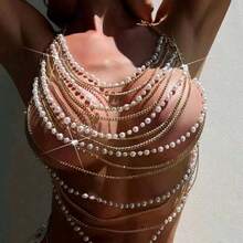 Multi-Strand Punk Tassel Fringe Chain Halter Neck Pearl-Adorned Cami Top - Edgy Body Chain & Chest Chain Statement Piece - F4941Y-Gold - 查看 2