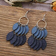 1 Pair Bohemian Gradient Blue Denim Feather Leaf Patchwork Pendant Earrings - 款式2 - 查看 2
