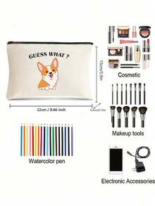 腊肠犬印花化妆包，休闲大容量收纳包，日常洗漱化妆包，多功能收纳包，轻便旅行手提包，好礼物，送给朋友的旅行纪念品，必备旅行收纳包，适合通勤、返校、旅行、野餐、露营、户外和探险化妆包化妆收纳包化妆收纳包化妆包秋季大学必备旅行必备假日度假旅行包女士 - 米色 - 查看 5