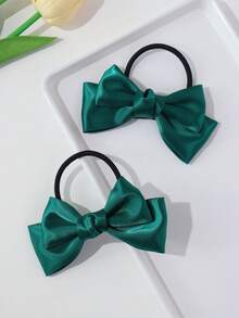 2pcs Fashionable Versatile Delicate Princess Style Hair Accessories/Hair Ties, Double-Layer Glossy Bow Design Hair Ties, Essential For Daily Hairstyles And Braiding - Dark Green - View 3