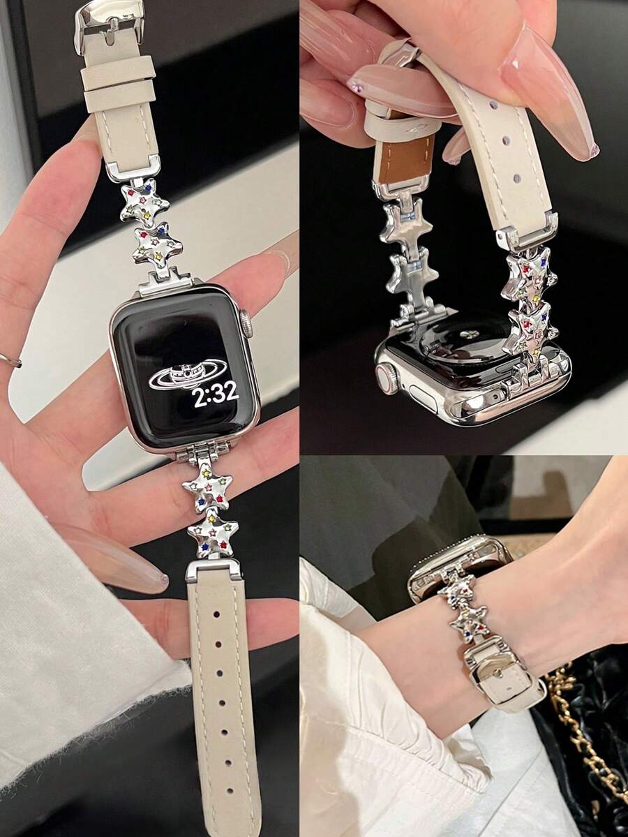 1条兼容苹果手表的女士表带，杏色真皮表带，苹果手表智能表带，精致彩色钻石五角星金属贴片真皮表带，适用于38/40/41/42/44/45/46/49毫米表盘，适用于苹果手表Ultra 3/2/1/SE 10/9/8/7/6/5/4/3/2/1，学生返校季，适合作为生日礼物、日常装饰，闪耀星空图案，苹果手表配件，小众轻奢时尚感 - 杏色 - 查看 1