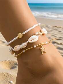 3pcs/Set Fashionable Summer Beach Resort Style Starfish, Shell & Pearl Anklet Foot Jewelry For Girls