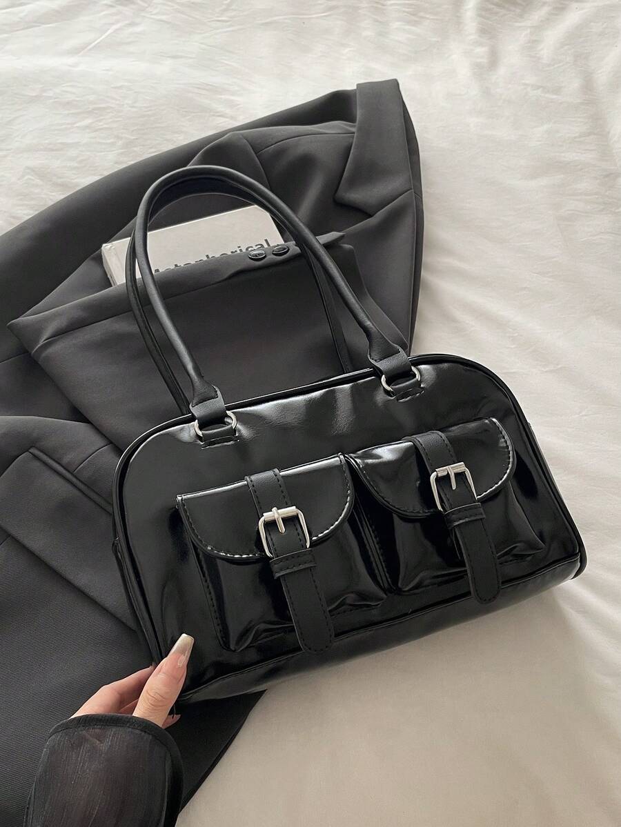 1 pieza Bolso de mano vintage minimalista con cremallera, decorado con bolsillos, asas dobles, adecuado para uso casual y de viaje diario de mujeres - Negro - Ver 1