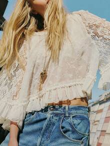 Women Long Sleeve Eyelet Ruffle Trim Button Down Blouse Shirts Y2k Tie Front Lace Floral Sheer Mesh Flowy Crop Tops People Going Out - 白色 - 查看 4