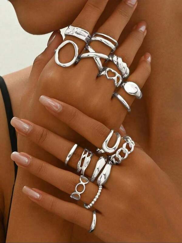 16 pièces/set Bagues punk pour femmes, set de bagues géométriques vintage. Bijoux personnalisés mode, cadeau. Assortis avec tenues quotidiennes et accessoires de fête