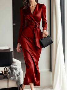 Women's Temperament Dinner Tie V-Neck Satin Dress - Đỏ - Xem 1