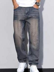 Teen Boy Pocket Straight Loose Casual Jeans, Simple & Fashionable - Medium Wash - View 3