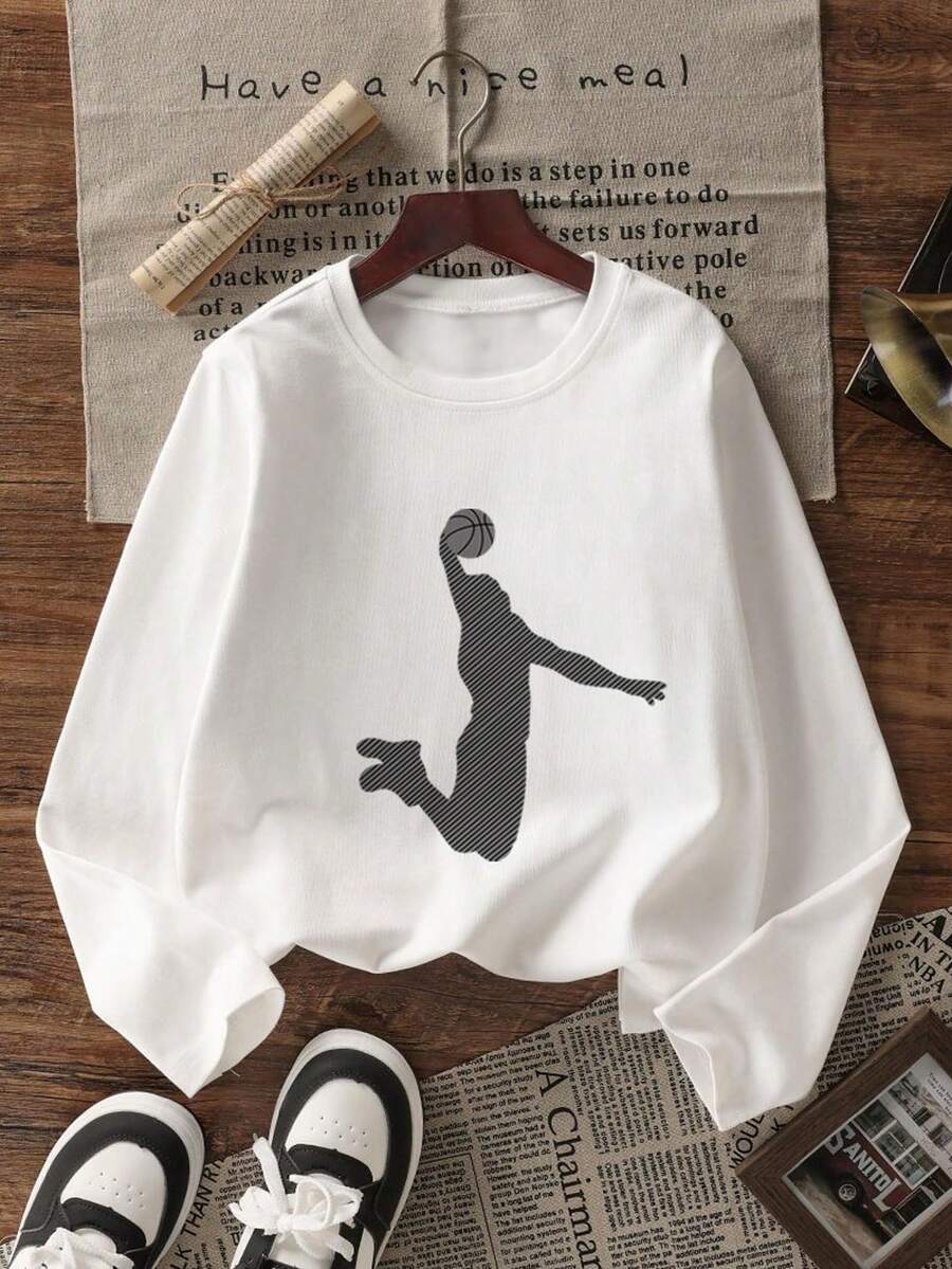 1pc Tween Boy Casual Printed Long Sleeve T-Shirt, Spring/Autumn, Fashionable, Warm And Comfortable Design For Young Students - White - View 1