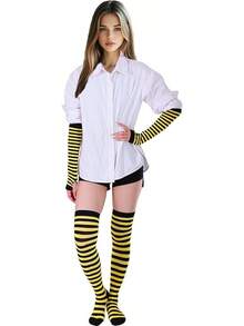 Tongcloud Women's Striped Knee High Socks, Over Knee Thigh High Socks, Arm Warmer And Fingerless Gloves SetHalloween Christmas New Year - 黑色和黃色 - 查看 6