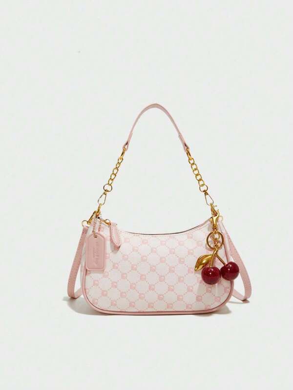 New Fashion Classic Pink Celebrity Style Versatile PU Waterproof Fabric Letter Pattern Decoration Design, Solid Color One-Shoulder Crescent Bag, Chain One-Shoulder Underarm Bag, Decorated Women's Wallet With Cherry Pendant, Elegant Commuter Bag For Business, Lightweight, Storage, Suitable For Shopping, Party Gatherings, Can Be Carried Cross-Body.