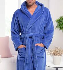 Mens Robe With Hood, Plush Fleece Hooded Mens Bathrobe, Big And Tall Bath Robe For Menhalloween - Sky Blue - View 3