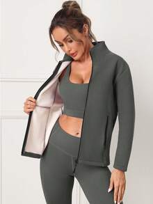 1 szt. damska kurtka termiczna na zewnątrz z podszewką i kieszeniami na zamek, minimalistyczna kurtka sportowa, dzianina, elastyczna i wygodna do noszenia na co dzień i do ćwiczeń