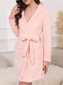 1pc Women's Solid Color Ribbed Robe, Minimalist Belted Sleepwear Bathrobe, Spring/Autumn/Winter, Fall - Pink - View 2