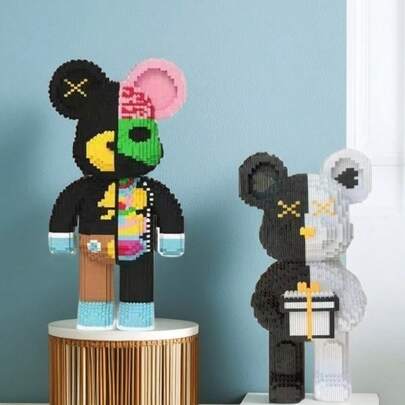 大号卡通熊积木套装 - 混合颜色，黑白撞色礼物熊/花熊，非常适合办公室和家庭桌面装饰、派对用品、创意 DIY 节日礼物