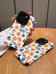 1pc Fashionable Minimalist Ocean, Orange, Starfish & Floral Illustration Pattern Vertical Faux Leather Protective Phone Case, Compatible With Apple And 16/16 PLUS/16 PRO/16 PRO MAX Compatible With Samsung - Multicolor - View 2