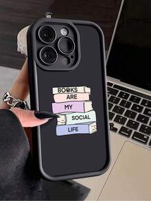 1 pieza Funda de teléfono a prueba de golpes con cobertura total de TPU con gráfico de libros apilados negros compatible con Apple 16, 15, 14, 13, 12, 11 Pro Max, Series