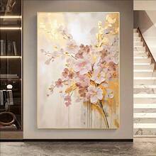 Plum Blossom Painting With No Frame – Elegant 2D Flat Wall Art For Home, Office, Or Cafe Decor, Featuring Cherry Blossoms And Golden Accents, Perfect For Living Room, Bedroom, Or Dormitory, Decorative Cherry Blossom Theme Golden Accents Art, Cherry Blossom Decor - Multicolor - View 6