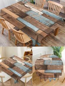 1pc Woodgrain Printed Tablecloth, Modern Polyester Rectangular/Round Waterproof Tablecloth, Digital Printing Suitable For Living Room, Outdoor Dining Table, Small Round Table - Black and White - View 2