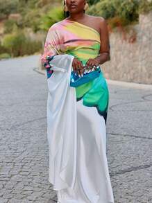 2025 New Women's Sexy Asymmetric Dress Summer Loose One-Sleeve Flower Print Long Sleeves Printed Maxi Dress Elegant Evening Party Dresses - trắng - Xem 5