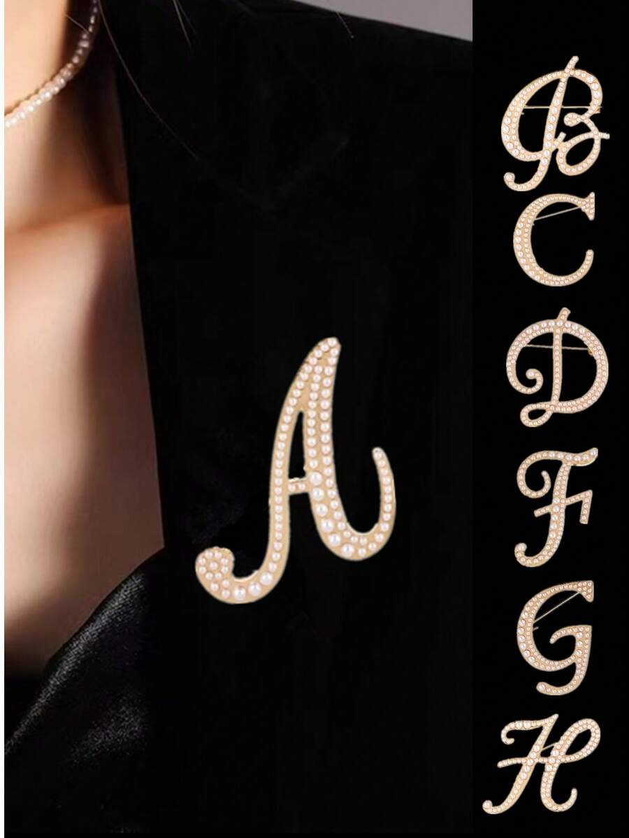 1pc 26 English Letter Pearl Brooch Pin, Fashion Versatile Clothing Anti-Slip Decoration, Scarf Clip, Shoes, Hat Accessory, Retro - Yellow Gold - View 1