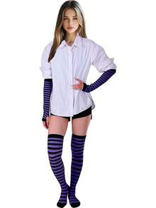 Tongcloud Women's Striped Knee High Socks, Over Knee Thigh High Socks, Arm Warmer And Fingerless Gloves SetHalloween Christmas New Year - 黑色和紫色 - 查看 6
