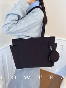 新款时尚大容量菱形图案双提手单肩手提包，轻便易携，女士钱包，适合夏季户外旅行，饰有动物吊坠，必备旅行背包 - 黑色 - 查看 8