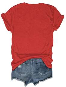 Casual Women's Graphic Print Short Sleeve Crew Neck Letter T-Shirt, Relaxed Fit Top - 紅色 - 查看 2