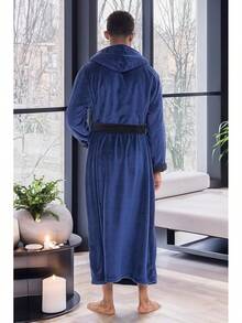 Mens Robe With Hood, Plush Fleece Hooded Mens Bathrobe, Big And Tall Bath Robe For Menhalloween - Navy Blue With Black - View 4