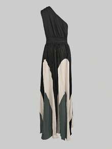 Women Fashion Printed Elegant Evening Maxi Dresses 2025 New Summer Asymmetric Sleeveless One-Shoulder Pleated A-Line Vacation Long Dress - màu đen - Xem 5