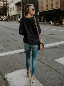 大码女式纯色交叉裹身宽松针织休闲毛衣优雅黑色上衣，适合春、秋、冬三季假日穿着 - 黑色 - 查看 2