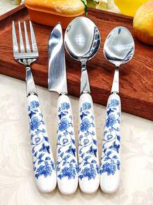 4/6/12/24件套蓝白瓷柄不锈钢餐具套装，独特优雅的牛排刀、叉、勺，复古陶瓷材质，适用于餐厅、厨房、日常用餐、派对和节日聚会。 - 彩色 - 查看 2