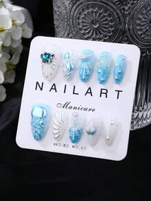 手工美甲，10 件套，浅蓝色，杏仁形，按压式美甲，可穿戴美甲，优雅大方的设计，高端法式风格，凝胶抛光，闪光，猫眼效果，金属光泽，全覆盖假指甲尖，填充各种形状的 3D 大水钻和指甲宝石，配有 1 管果冻胶、1 根指甲棒和抛光胶带。 - 淺藍色 - 查看 2