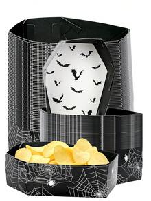 10pcs/20pcs/50pcs Black Halloween Paper Tray Coffin Bowl Plates Black Treat Candy Snack Popcorn Spooky Goth Food Holder Trays With Spider Wed And Bat Design For Creppy Halloween Party Supplies - Type B - View 1