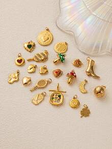 1件金色时尚不锈钢蘑菇心形网球十字羽毛锆石吊坠，18k镀金，适用于DIY珠宝、项链、手链配件、耳环、钥匙扣、包包配件、女士珠宝配件、钱包配件、吊坠、DIY配件、女士珠宝礼物，适合作为送给妻子、母亲和女朋友的个性化吊坠。 - 金色 - 查看 4