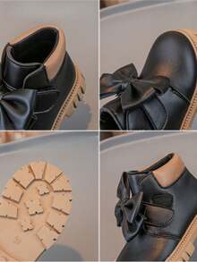 1 Pair Children's Fashion New Lychee Texture PU Hook And Loop Design Bow Decor Anti-Slip Soft Durable Chelsea Boots - Black - View 9