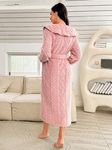 3D Blumen Dekor Schalkragen Jacquard Fleece Morgenmantel, Herbst Winter, gemütliche Outfits