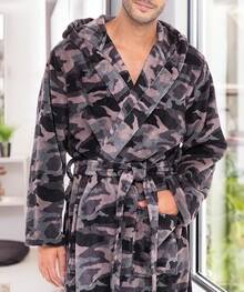 Mens Robe With Hood, Plush Fleece Hooded Mens Bathrobe, Big And Tall Bath Robe For Menhalloween - Black Gray Camouflage - View 2