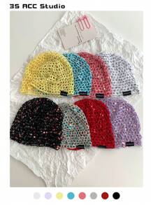 1pc Y2K Fashionable Sequin Knit Beanie Hat, Hollow Out Vintage Versatile Hand-Knitted Lightweight Slouchy Skull Cap, Breathable & Packable Design, Suitable For Autumn/Winter, Retro Pastel Color