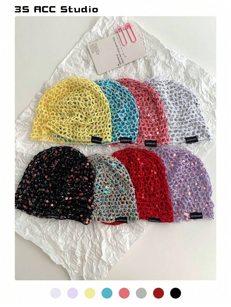 1pc Y2K Fashionable Sequin Knit Beanie Hat, Hollow Out Vintage Versatile Hand-Knitted Lightweight Slouchy Skull Cap, Breathable & Packable Design, Suitable For Autumn/Winter, Retro Pastel Color